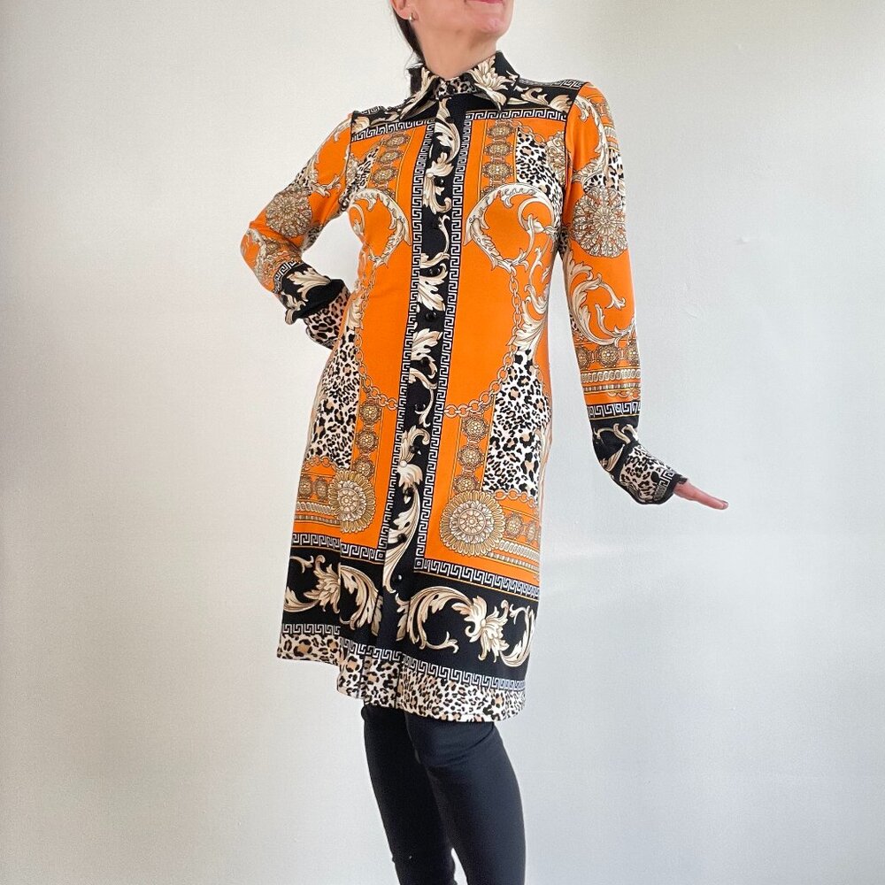EVA VARRO Wild Animal Baroque Print Long Sleeve Button Front Shirt Dress - Size